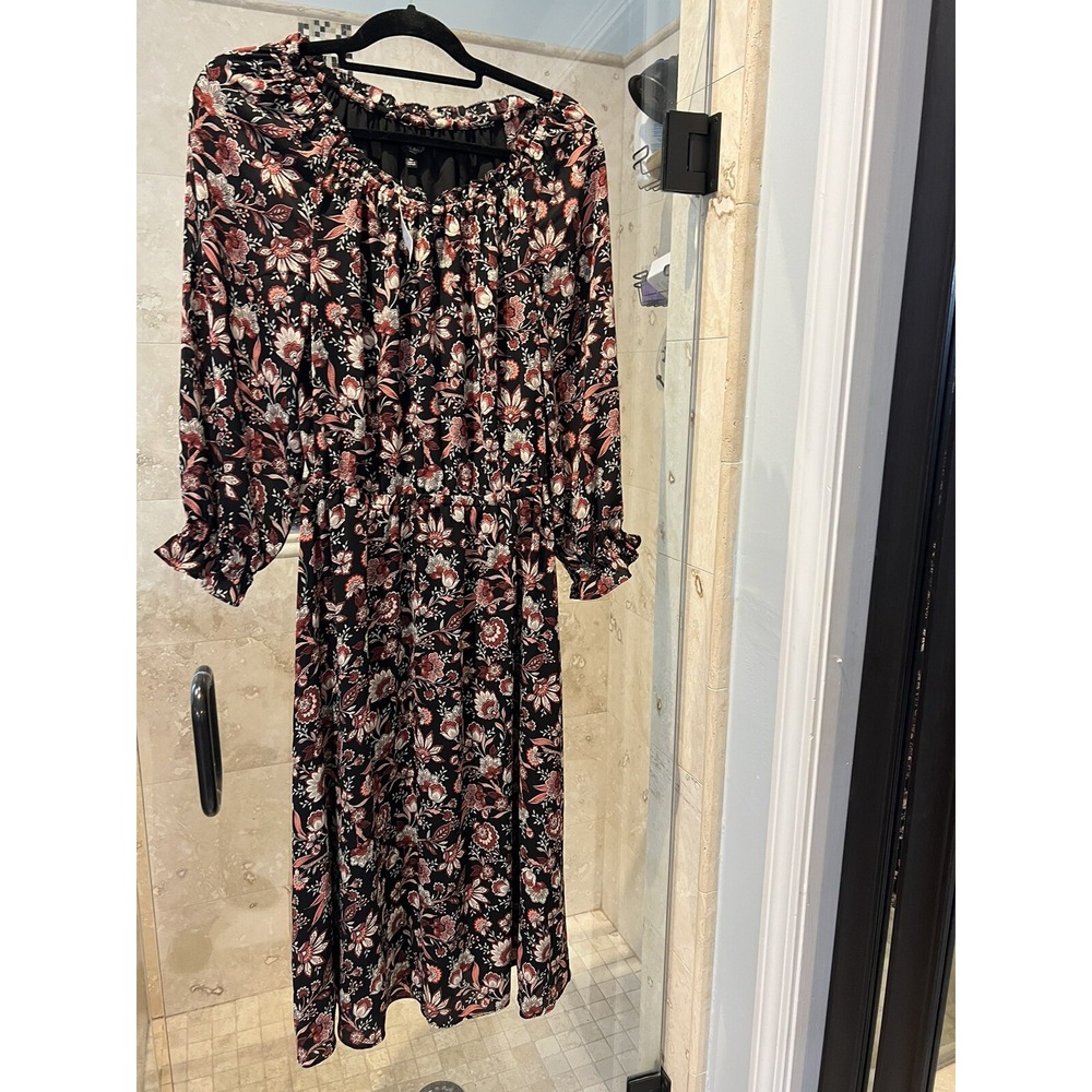 Talbots Peasant Maxi Dress Red Wine Floral Smocked Flutter Sleeve PS Petite S